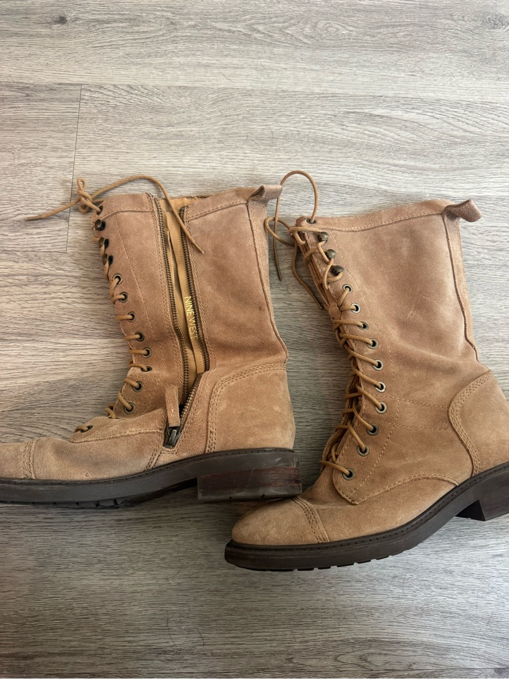 Nine West Tan Suede Lace-Up Combat Boots